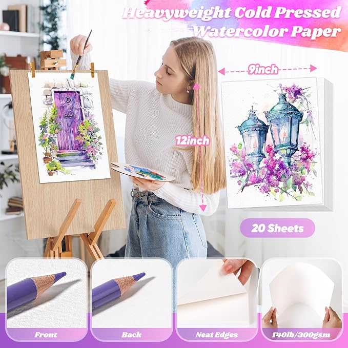 Watercolor Paper 9"x12", Cold Press Water Color Paper, Loose Drawing Paper | 140lb/300gsm Artist Sketch Acrylic Paints Markers Pencils Pens Oil Pastels Canvas Painting,Art Supplies for Adults Teens Kids