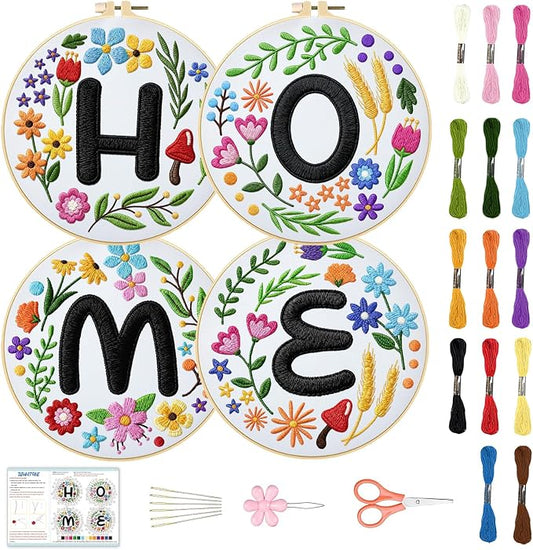 BEUNITONE 4 Set Embroidery Kit for Beginners, DIY Home Theme Pre-Stamped Pattern Needlepoint Kits for Adults with Hoop and Instruction, Funny Hand Embroidery Patterns for Cloth and Home Decor