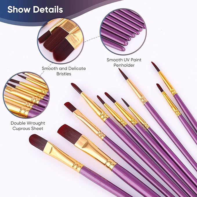 Paint Brushes Set, 20 Pcs Paint Brushes for Acrylic Painting, Oil Watercolor Acrylic Paint Brush, Artist Paintbrushes for Body Face Rock Canvas, Adult Drawing Arts Crafts Supplies, Purple | Artist Paintbrush (Nylon Hair Wood Handles) for Adult Drawing,...