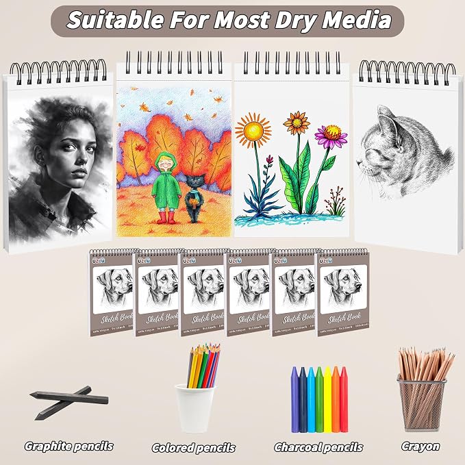 UZLU 6 Pcs Sketchbook Bulk 9 x 12 in 600 Sheets Top Spiral Bound Sketch Pad Drawing Paper 100 Sheets Each Acid Free Mixed Media Sketch Book 68lb/100gsm Art Supplies for Beginner Artist