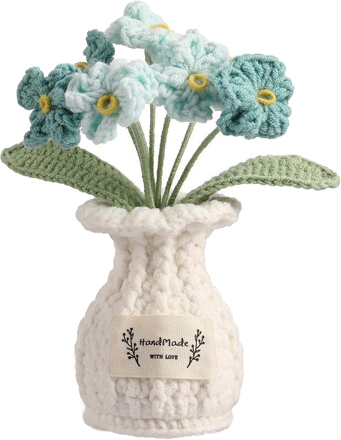 Crochet Flower Pot Forget-me-not Valentines Day Gift for Women Him Her Boyfriend Girlfriend Lover Husband Couples Wife Coworker Birthday Wedding Knitted Blue Plant Cute Office Desk Decor