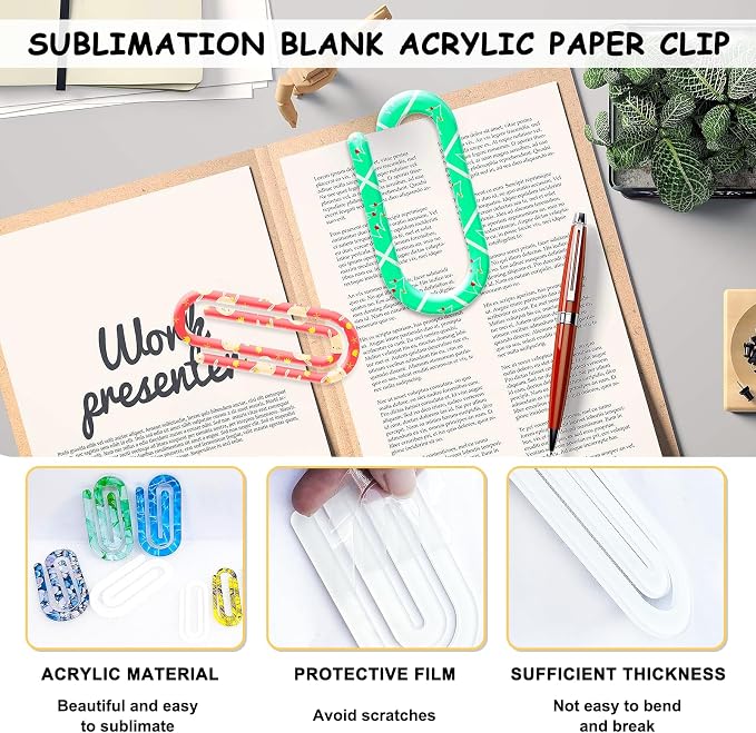10 Pack Sublimation Blanks Acrylic Paper Clips, 3" x 1.2" Paper Clips Clear for Heat Transfer DIY Design, School Classroom Stationery Office, Home Gift Crafts Supplies