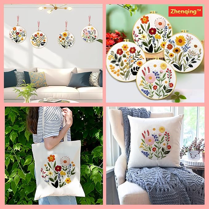 Zhenqing 4-Piece Floral Embroidery Kit for Beginners - Complete Set with Sunflower, Daisy Designs & Pre-Printed 29x29cm Cotton Fabric, Hoop, Threads & Tools(C0166)