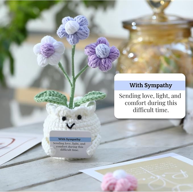 Crochet Sympathy Gifts for Loss of Loved One – Send Sympathy Crochet Puff Flower Potted Plant with Comfort Card – Bereavement, Grief Support Gift Idea for Grandpa Grandma Mom Dad Women Friends