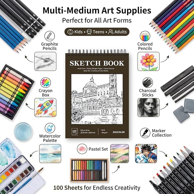 Soucolor Artist 9x12 Sketch Book Set, 4 Pack 400-Sheet Spiral Drawing Pads | Skerch Book for Adults 68lb/100gsm | Acid-Free Drawing Paper for kids Art Supplies,Charcoal,Graphite,Pastel Pencils & Sticks