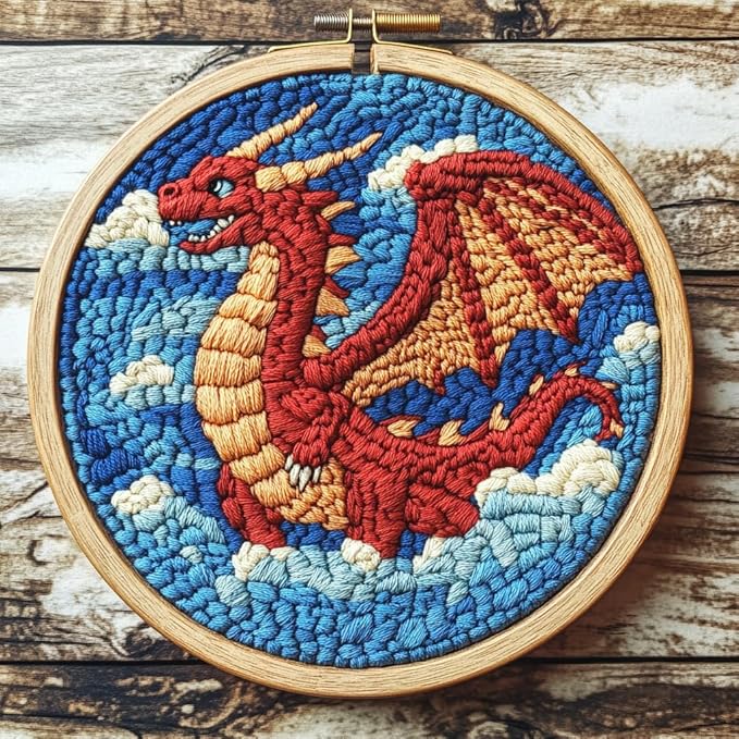 DIY Punch Needle Kits Cartoon Red Dragon with Hoop 20x20cm-4 | with Pattern Stamped Easy for Beginners Embroidery Punch Needle Starter Craft Set for Adults Festival Gift and Decoration