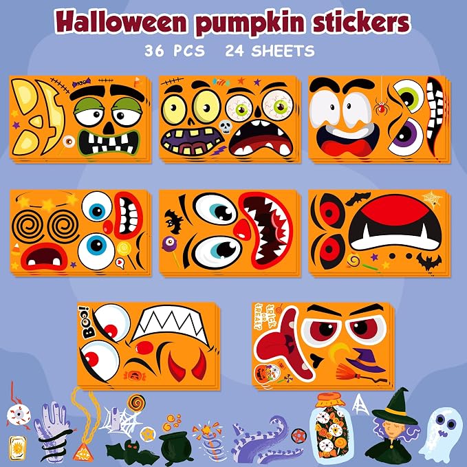 OHOME Halloween Party Favors - 36 Pack DIY Pumpkin Face Stickers for Kids - Halloween Games Toys Gifts Crafts Treats Accessories - Trick-or-Treat Pumpkin Decorations Activities Party Supplies