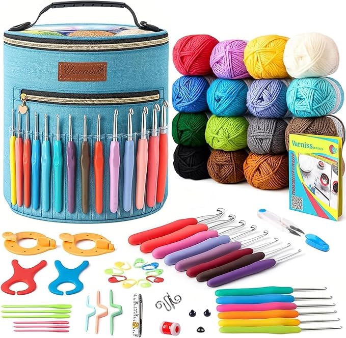 Yarniss Crochet Kit for Beginners,Crochet Set for Adults,Slate Blue | 1120 Yards Crochet Yarn 16 Colors,14 Size Ergonomic Crochet Hooks 2.0mm~10.0mm Large Capacity Storage