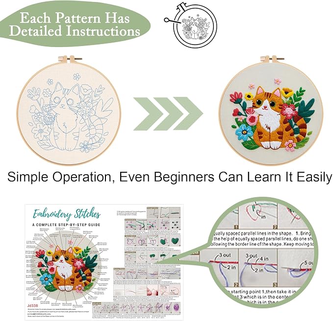 Nuberlic 3 Pack Cat Embroidery Kit for Beginners Adults