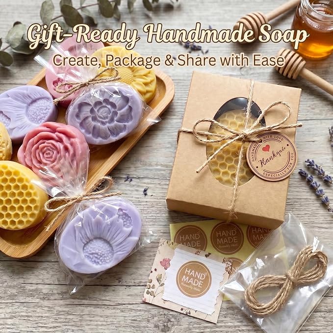 Honeydak Soap Making Kit with 3 Silicone Molds, 50 Clear Bags, 50 Tags, 20 Gift Boxes, 24 Stickers and 65ft Jute Twine, DIY Handmade Soap Mold and Packaging Set for Beginners Gifts Party Favors