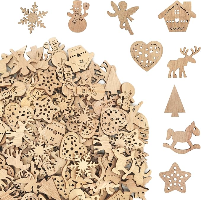 DIYOMR 200Pcs Hollow Wood Pieces Unfinished Wooden Vintage Embellishments Decorative Accessories for Graffiti Home Decor DIY Scrapbooking Handmade Crafts (Winter)