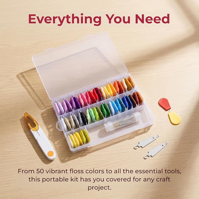 Huacan Embroidery Floss Kit with Storage Box 50 Colors Stitching Threads Sewing Kits 67 Pcs DIY Cross Stitch Accessories Set for Adults Beginner