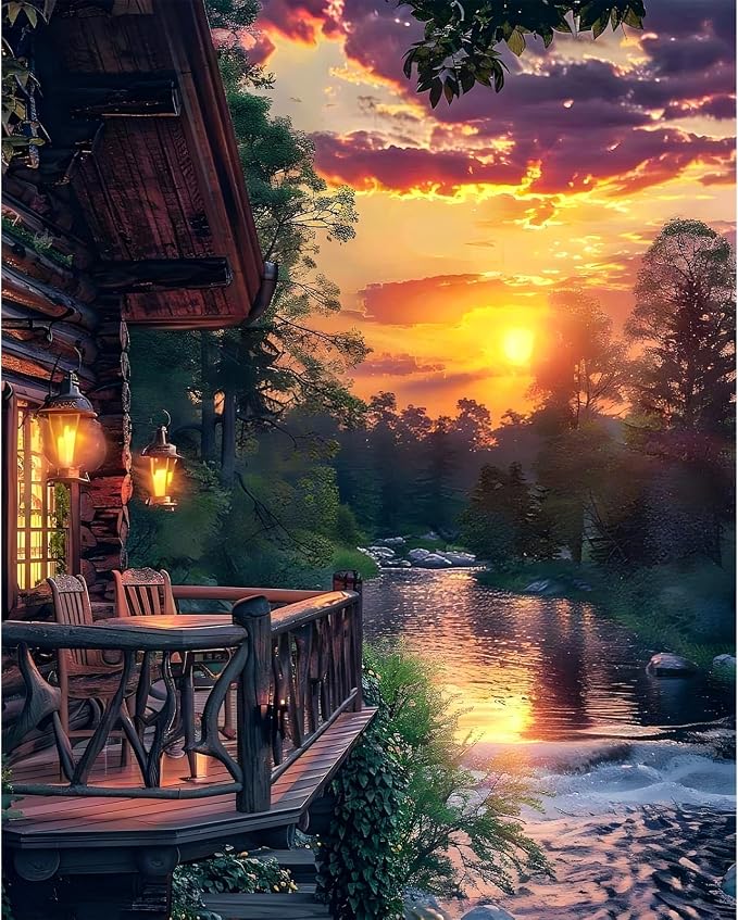 Paint by Numbers Kit for Adults, Sunset Cabin Number Painting Canvas Kit | DIY Acrylic Lake Painting Set for Beginners, Stress Relief Relaxing Craft, Home Wall Decor, Gift for Adults, 16x20 Inch