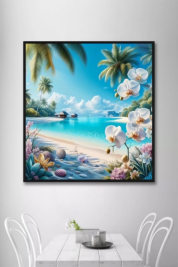 Tropical Beach Diamond Painting Kit for Adults,Gem Art for Beginners | 5D Full Drill Summer Ocean Orchid Diamond Art, DIY Gem Diamond Art for Adults, Home Wall Decor 13.78x13.78 Inch
