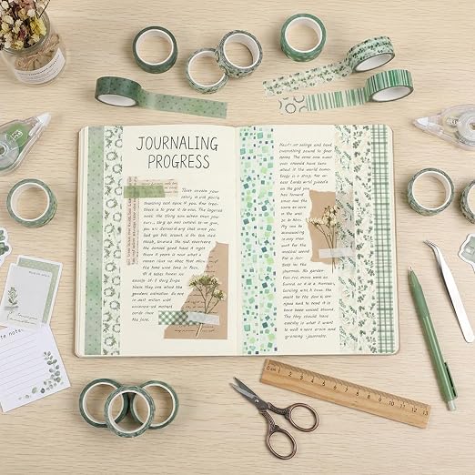12 Roll Floral Washi Tape Set Flower Decorative Masking Tape for Scrapbook | Green Eucalyptus Leaves Washi Tape Set for Back to School Arts DIY Craft Scrapbook Journal Supplies Gifts