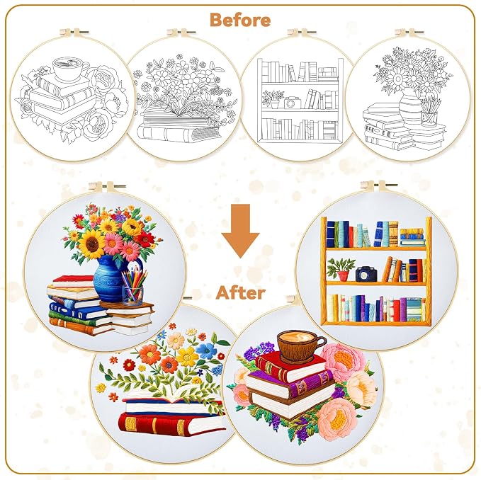 BEUNITONE 4 Set Book Flower Embroidery Kit for Adult Beginners 7.9x7.9 DIY Cross Stitch Kits Needlepoint Starter Kit with Pre-Printed Design and Hoops, Stamped Embroidery Kit for Home Ofiice Decor