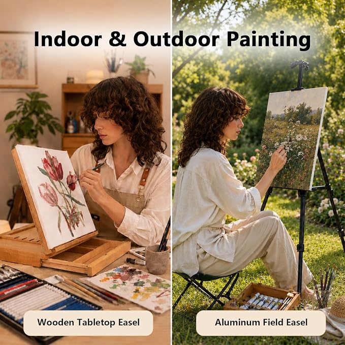 DJAR 174 Pcs All-in-One Art Painting Set with Beech Wood Easel | Complete Professional Artist Supply Kit with 48 Acrylic, 24 Oil & 24 Watercolor Paints for Adults, Teens, and Beginners