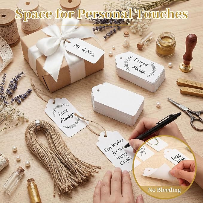SallyFashion Large White Gift Tags with String, 100 Pack 2 X 4 inch | Scalloped Edge, Natural Jute String, Pre-Punched Design, Retail Price Tags and Wish Tree Cards