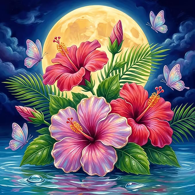 Hibiscus Flower Diamond Painting Kits for Adults,Moon Diamond Art Kits | DIY Full Round Drill Gem Painting Tropical Floral Paint by Diamonds Relaxing Craft for Home Wall Decor 13.75x13.75In