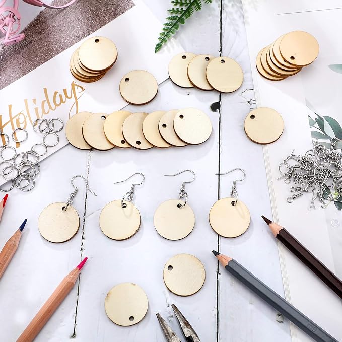 Hicarer 200 Pieces Unfinished Wooden Earrings Blank Round Wood Pendants