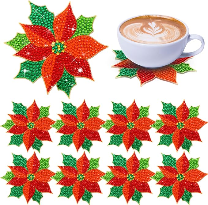 UPINS 8Pcs Christmas Diamond Art Painting Coaster Kit, Poinsettia Coaster Christmas Red Flower Coasters with Holder for Xms DIY Crafts Gifts Holiday Home Kitchen Table Decor