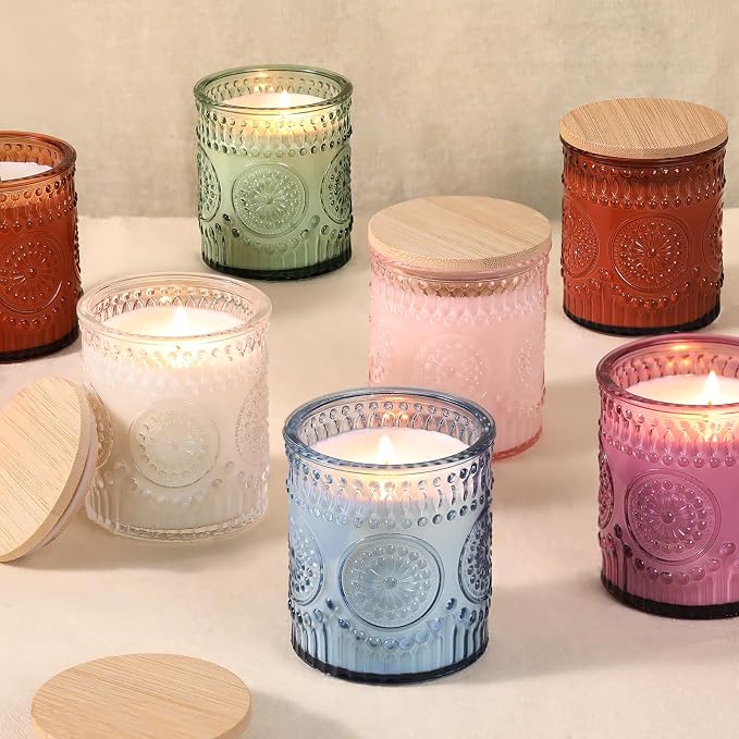 DARJEN 10 Pcs 8oz Glass Candle Jars with Lids, Candle Containers Tins-Blue | Premium Thick Glass, Secure Wooden Lids- Candle Jars for DIY Candle Making, Stunning Sunflower Design