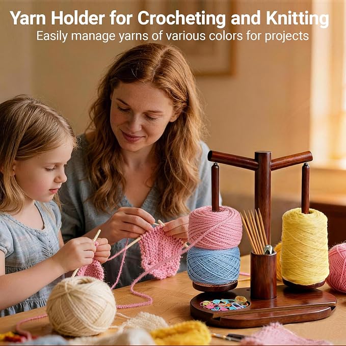Lemosyu Wooden Yarn Holder for Crocheting, Magnetic Rotating Yarn Spinner | 360°Rotation, 2 Spindles, Phone Stand, Crochet Accessories Organizer for Knitting, Gift for Knitters Women Mom Grandma Wife
