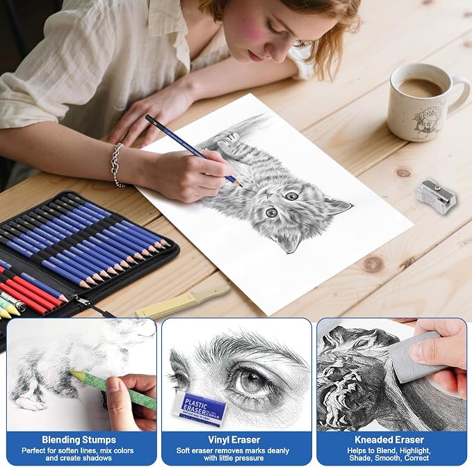 25 Pack Sketching Pencil Set with Cartoon Case, Graphite Drawing Pencils Kit with Charcoal, Blending Stumps & Erasers, Professional Art Supplies for Artists, Beginners, Shading