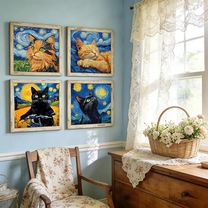 Canrichshop 4 Packs Black Cat Paint by Number Kit for Beginner with Frame,Paint by Numbers Kits on Canvas, DIY Number Painting for Adults for Decor 8X 8 inch