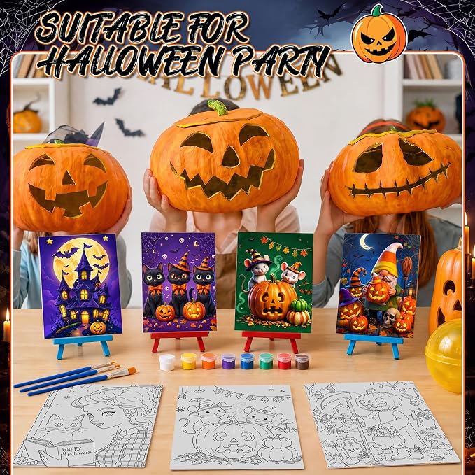 Blosssound 24 Pack Cute Halloween Pre Drawn Canvas to Paint Pre Printed Canvas Painting Kits with Easel Paint Pots Brushes Stretched Panels Bulk for Adult Party Student Beginner Birthday DIY