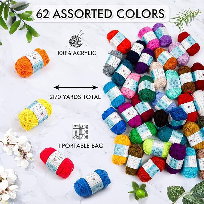 INSCRAFT 62 Acrylic Yarn Skeins, 2170 Yards Yarn for Knitting, 2 Crochet Hooks, 2 Weaving Needles,10 Stitch Markers, 1 Purple Bag, Perfect Crochet Beginner Kit for for Adults