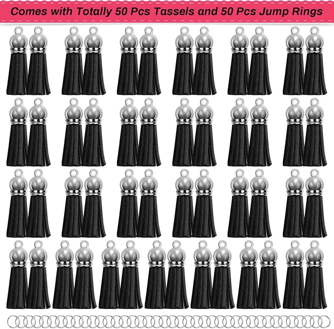 Keychain Tassels Bulk, Paxcoo Small Tassels for Jewelry Making, 50pcs Leather Tassel Keychain Charms with 50pcs Jump Rings for DIY Key Chain Craft, Black
