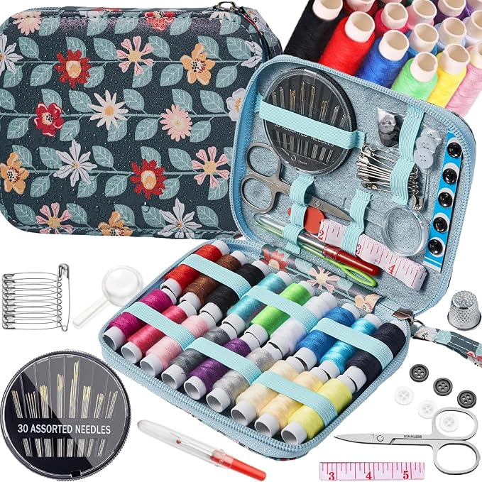 Printing Vines Sewing Project Kits,Travel Portable Sewing Set with Zipper Sewing Case,87 PCS Professional Sewing Supplies Accessory for Adults,Emergency, Home
