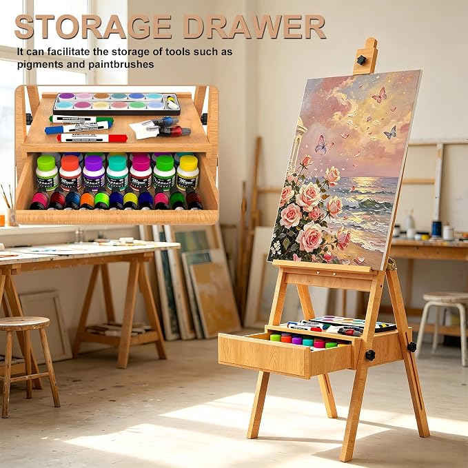Large Beech Wood H-Frame Easel,Painting Easel with Storage Drawer,Up to 36" | Multi-Function Studio Easel, Professional Foldable Artist Easel Stand for Painting, Holds Canvas Art up to 36"