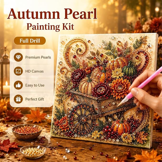 Autumn Pearl Painting Kit, 3D Pearl Diamond Painting Kit, DIY Pearl Art Craft for Adults, Thanksgiving Harvest Home Wall Decor, Handmade Seasonal Gift，Fall Floral Watering Can 1