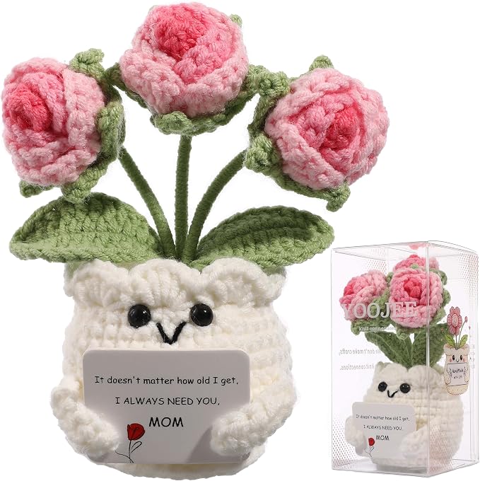 Crochet Rose Gift for Mom – Mothers Day Gifts from Daughter Son, Handmade Pink Rose Flower with Card “I Always Need You, Mom”, Cute Desk Decor, Ready-to-Gift with Clear Box