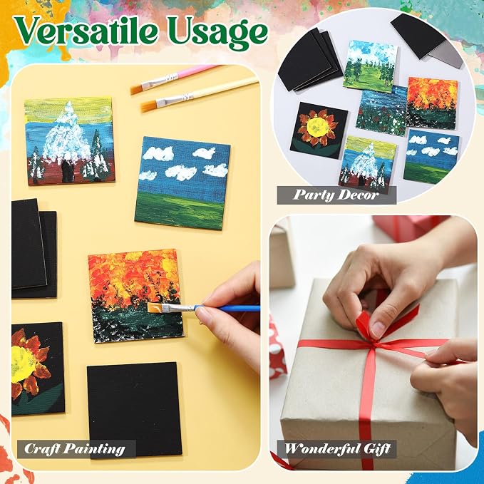 Supervitae 25 Pcs Mini Magnetic Canvas Panel for Painting, 2.5x2.5 Inch Small Canvas Boards with Magnet Square Mini Thin Tile Art DIY Craft Gift for Fridge Locker (Black)