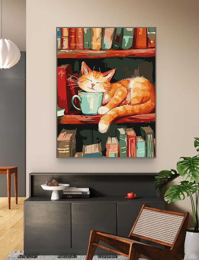 ZRIZQ Paint by Numbers Kit for Adults Beginner,Cat Books,16x20 | Full set with wooden brushes,rolled canvas,rich paints.Calming activity.Beginner friendly.Just open and paint.