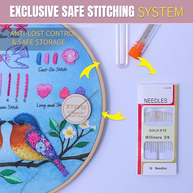 ETSPIL Beginner Embroidery Kit for Adults, Full-Color Print, 4K Video | Pre-Printed, Skip Filling. Bound Stitch Book, Step Manual. Needle Minder, Storage Tube. Weekend Project, Gift for Women