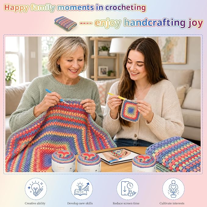 Coopay Crochet Blanket Kit for Beginners Adults w/Step-by-Step Instructions | Complete Crochet Kits with 600g Soft Crochet Yarn & Ergonomic Crochet Hooks, Granny Square Blanket Kit for Beginners Gift