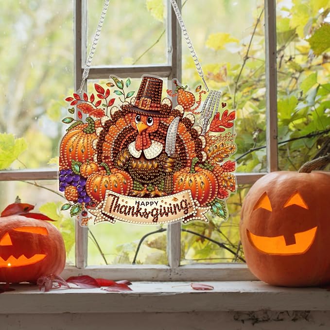 Bowetile Turkey Diamond Art Hanging Kits for Adults, Thanksgiving Diamond Art Suncatchers, 5D Halloween Pumpkin Diamond Painting Pendant Window Ornament Gifts for Home Door Wall Decor