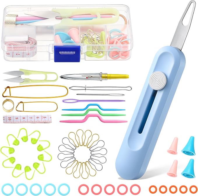 Gulfmew All in One Knitting Kit with Automatic Needle Threader, Sewing Accessories Set with Scissors, Stitch Markers & Portable Storage Case, Easy Threading Tool for Beginners, Crochet & DIY Crafts