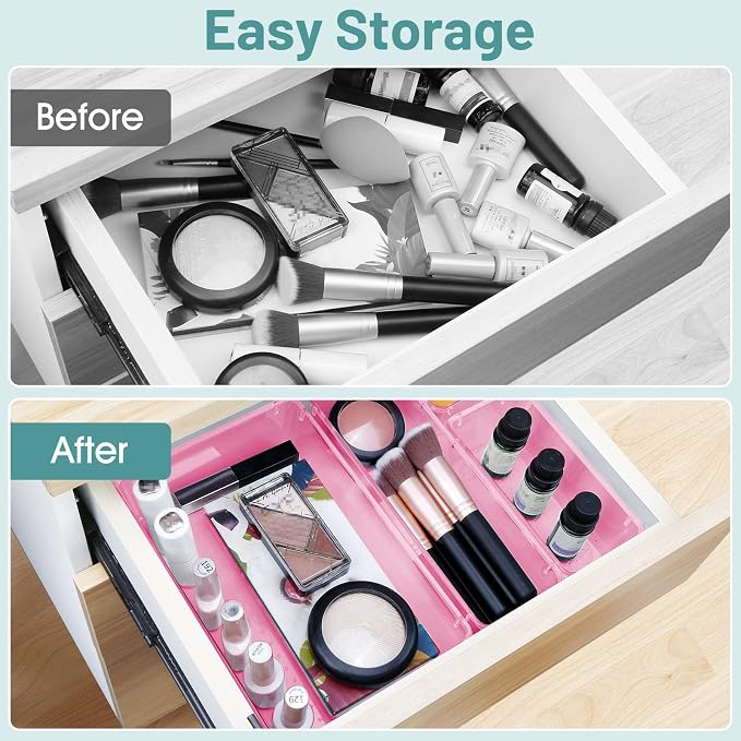 25 PCS Plastic Drawer Organizer Set, Makeup Organizers and Storage Bins | 4 Sizes Desk Drawer Divider Organizers and Storage Bins for Jewelry, Gadgets for Kitchen, Bedroom, Bathroom, Clear Pink