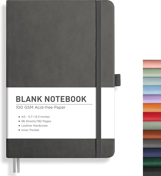 RETTACY Blank Journal Notebook, 192 Pages, A5 Medium Size (5.7'' x 8.3'') | Leather Hardcover, 100 GSM Thick Paper, for Sketching, Drawing, Painting (Gray)