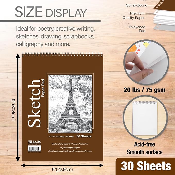 BAZIC Products Spiral Sketch Pad, Top Bound, 9 x 12 in, 30 Sheets