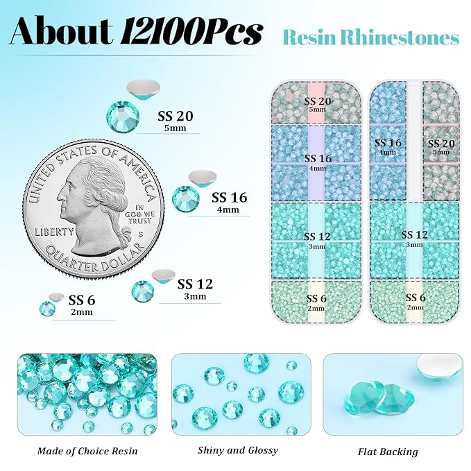 12100Pcs Resin Rhinestones for Crafting with 3Pcs 10ml B7000 Jewelry Glue, 2 Boxes Flatback Crystals Diamond (Aquamarine) for Bedazzling Crafts DIY Nail Art，Non Hotfix Gems for Clothing Shoes