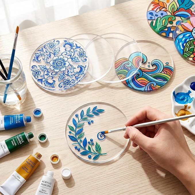 24 Pcs Clear Acrylic Coasters, Round Drink Coasters with Kraft Paper Boxes Reusable Coffee Cup Coaster Coaster Transparent Circle Blanks for DIY Crafts, Table Decorations, Wedding Party Favors