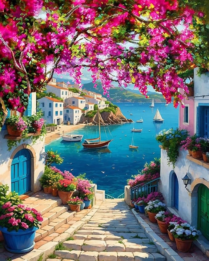 MBNTJHT DIY Scenery Paint by Numbers Kit for Adults,Unframed Landscape Paint by Number Kits on Canvas with Brushes,Flowers and Sea Oil Painting Kits for Home Wall Decor 16X20 Inch/40X50 cm.