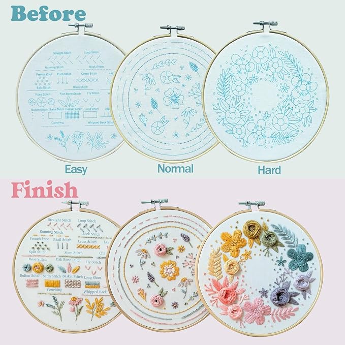 Embroidery Kit for Beginners,Learn 22 Stitches with Instructions & Video | Beginner-friendly step-by-step video tutorials included/Water-soluble ink/beginner embroidery kit/complete embroidery set