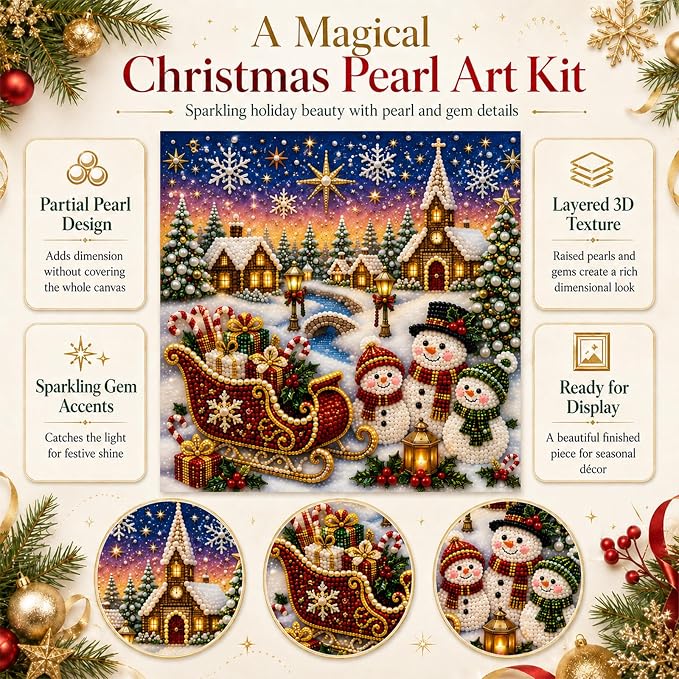 DIY Christmas Pearl Diamond Painting Kit, 5D Pearl Art Craft for Adults and Beginners, Christmas Church and Jesus Wall Decor, Holiday Gifts, 12 x 12 Inch (Christma Design F)